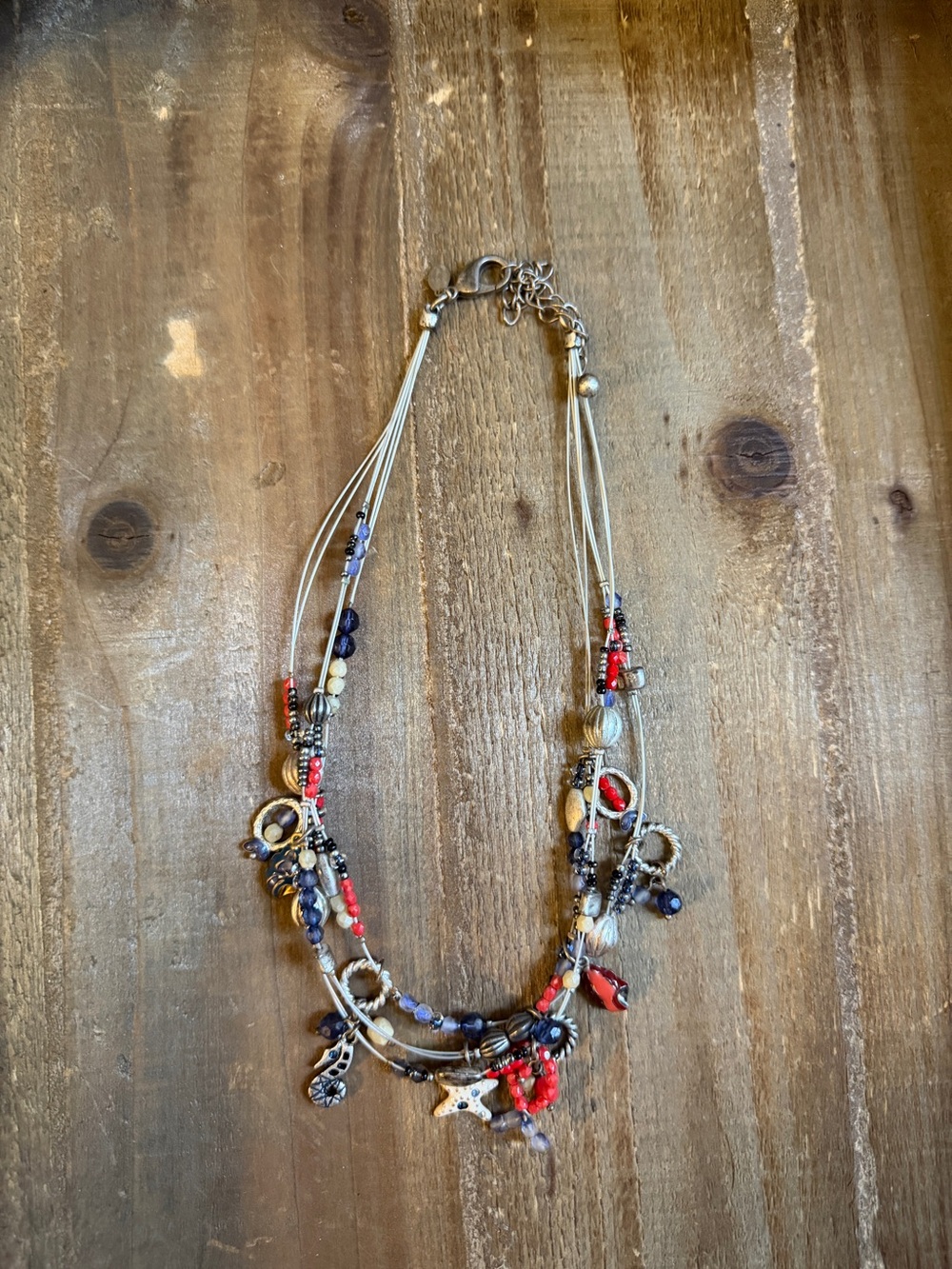 Chicoβs Multi-Strand Nautical Beaded Charm Necklace in Red, Blue, and Silver